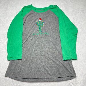 Womens Merry Christmas Large‎ Cactus Lights Raglan Shirt Gray Green Sleeves
